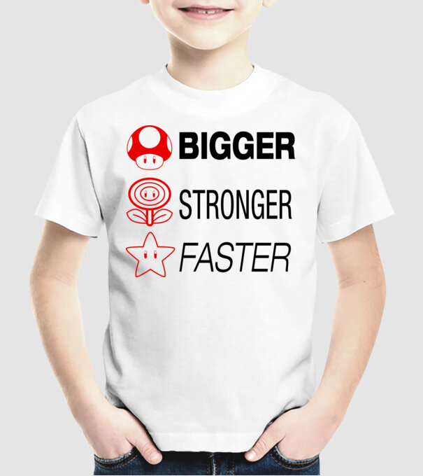 bigger stronger faster model alb pe tricou