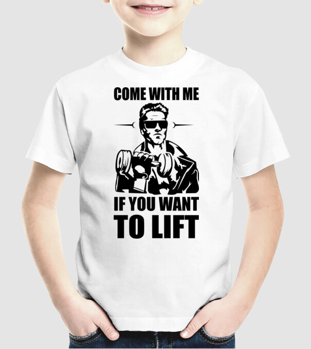 come with me arnold model alb pe tricou