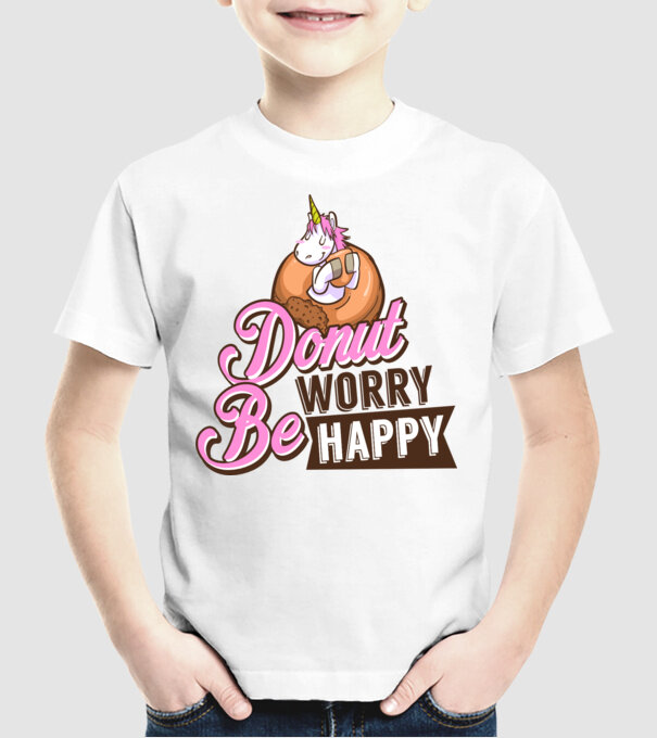Donut worry be happy model alb pe tricou