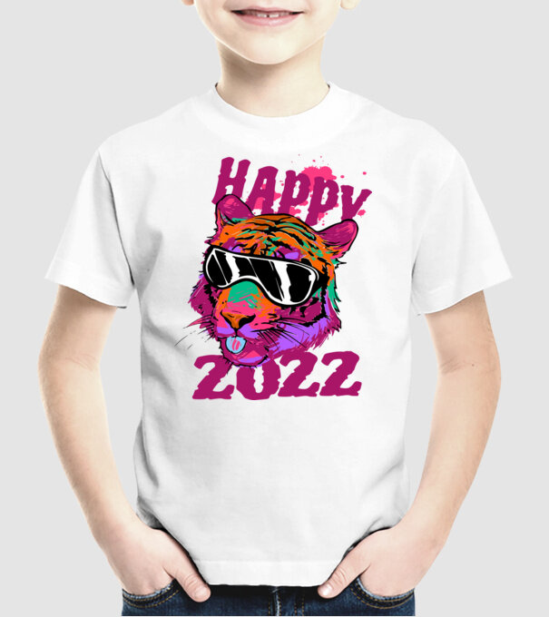 Happy 2022 tiger model alb pe tricou