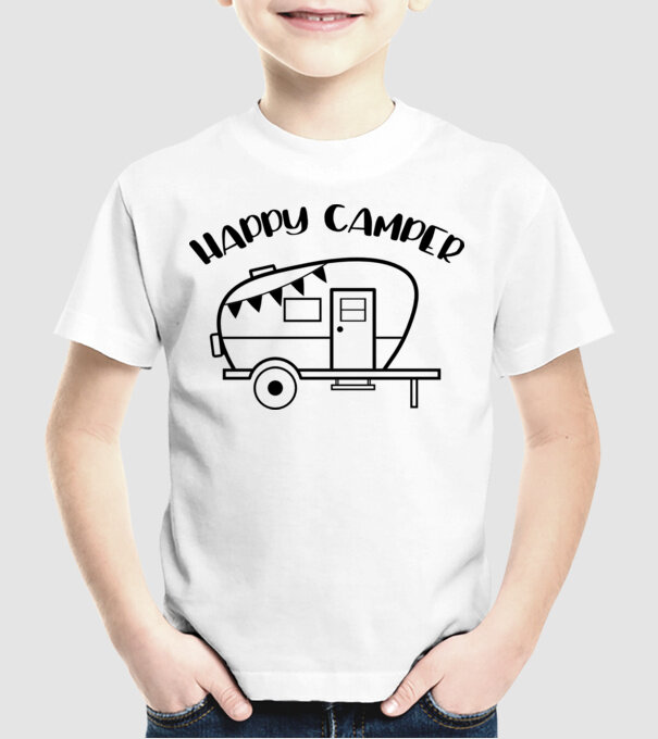 Happy camper model alb pe tricou