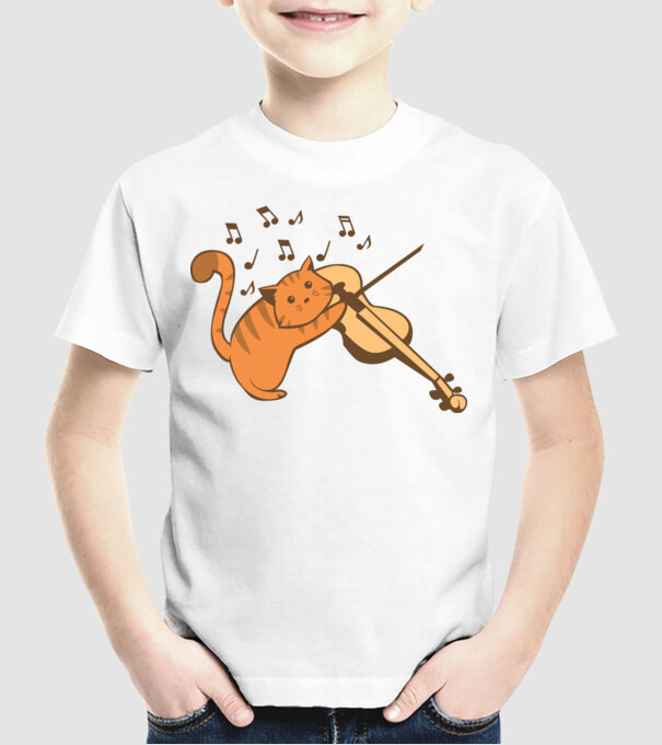 Pisică cântă la vioară model alb pe tricou