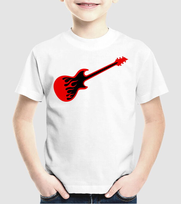 Chitara în flăcări model alb pe tricou