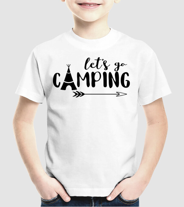 'Let''s go camping' model alb pe tricou