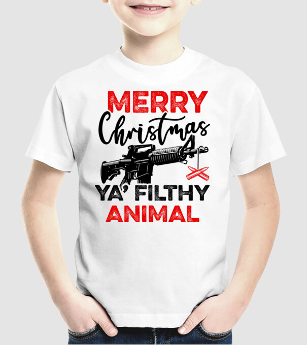 Merry Christmas Ya Filthy Animal model alb pe tricou