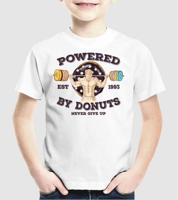 Powered by donuts model alb pe tricou