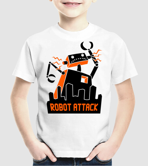 Robot Attack model alb pe tricou