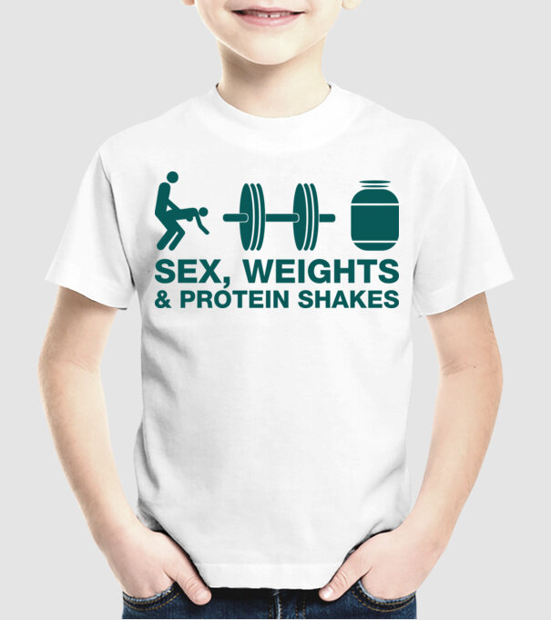 Sex, weights and protein shakes model alb pe tricou