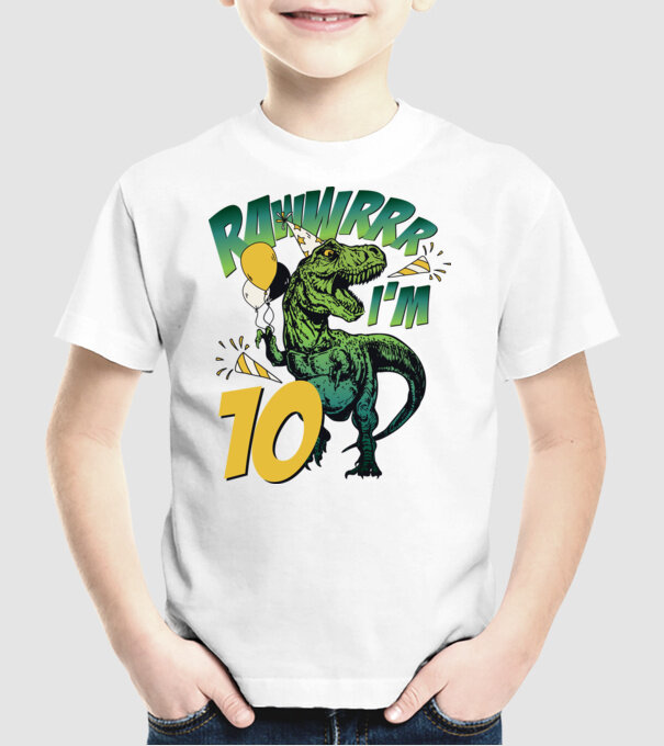 'Birthday Dinosaur rawww i''m 10' model alb pe tricou
