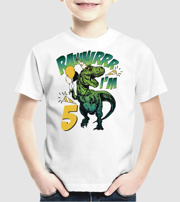 'Birthday Dinosaur rawww i''m 5' model alb pe tricou