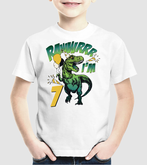 'Birthday Dinosaur rawww i''m 7' model alb pe tricou
