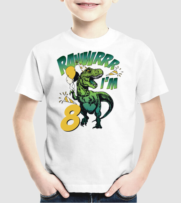 'Birthday Dinosaur rawww i''m 8' model alb pe tricou