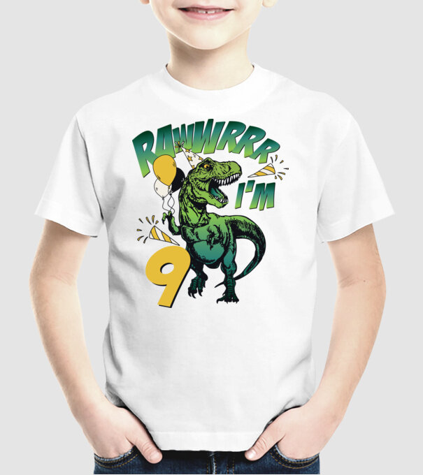 'Birthday Dinosaur rawww i''m 9' model alb pe tricou