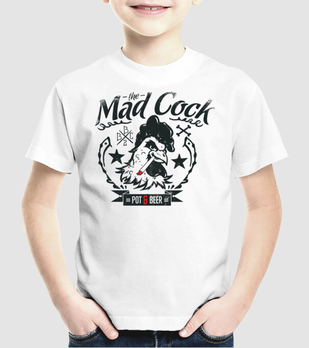 The Mad Cock model alb pe tricou