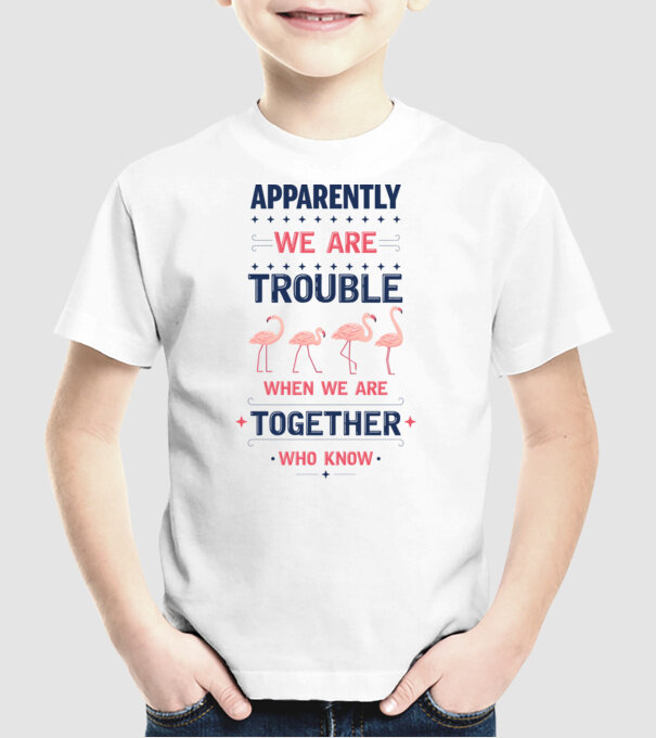 Trouble together flamingos model alb pe tricou