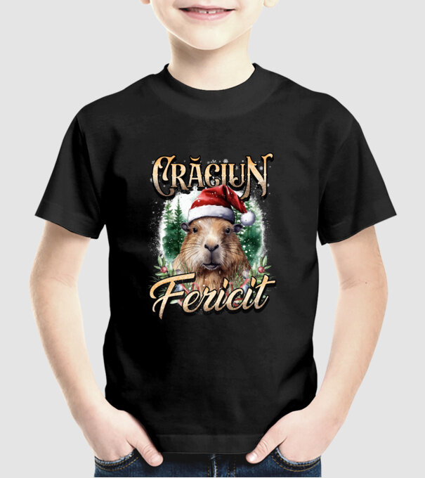 Capybara christmas model negru pe tricou