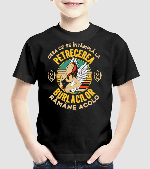 Ceea ce se întâmplă la petrecerea burlacilor rămâne la petrecerea burlacilor model negru pe tricou