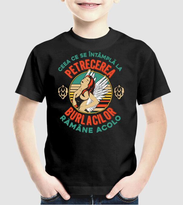 Ceea ce se întâmplă la petrecerea burlacilor rămâne la petrecerea burlacilor model negru pe tricou