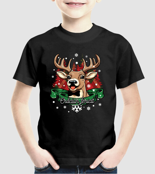 Cerb de Crăciun model negru pe tricou