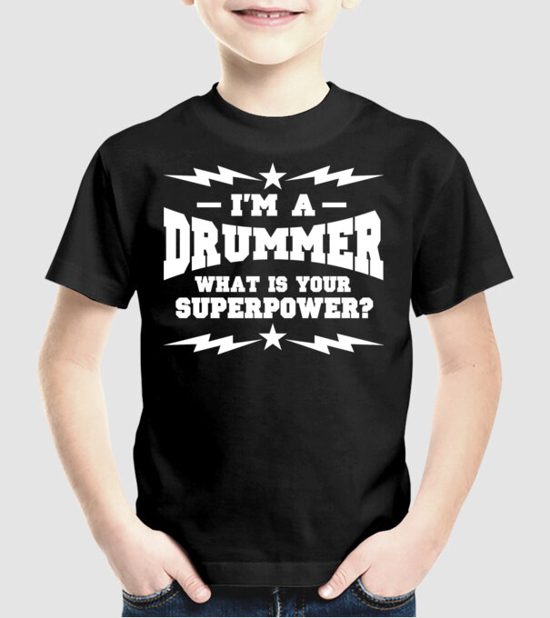 Drummer Superpower model negru pe tricou