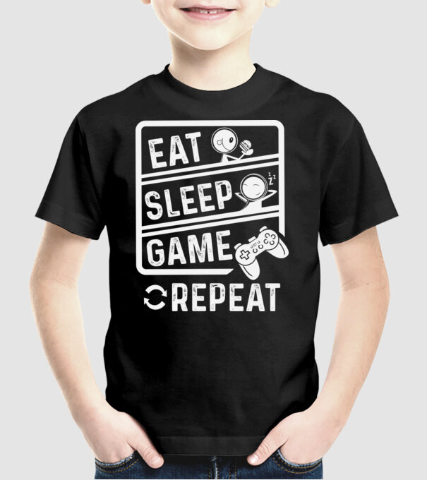 Eat sleep game repeat model negru pe tricou