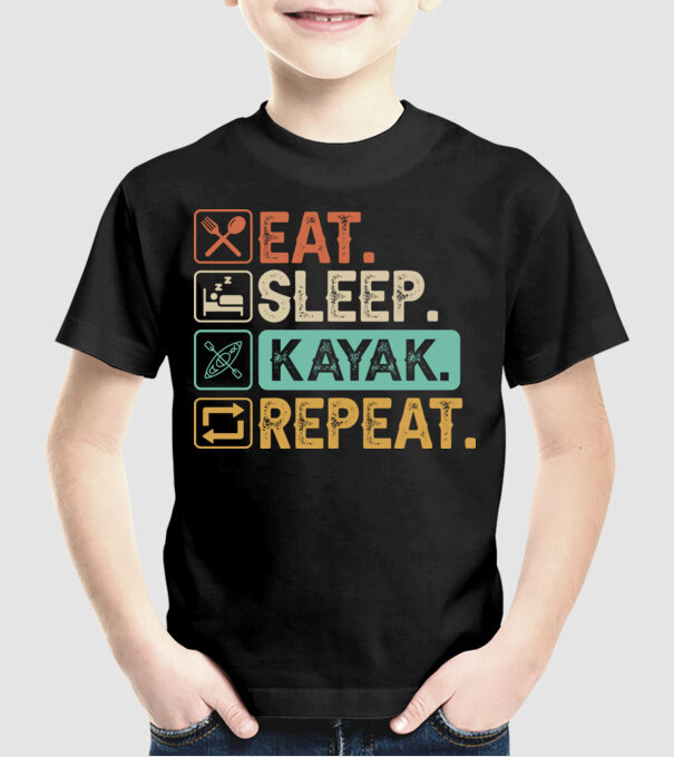 Eat Sleep Kayak model negru pe tricou