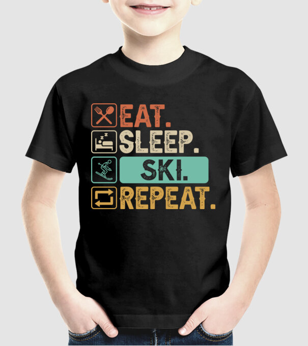 Eat Sleep SKI Repeat model negru pe tricou