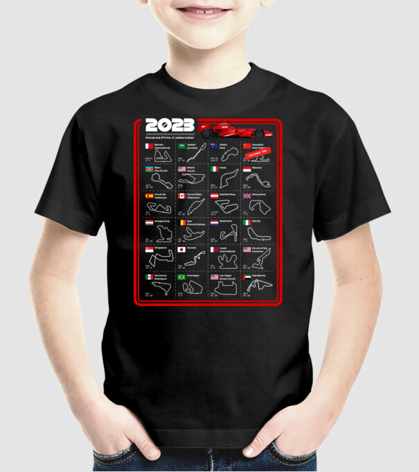 F1 2023 Formula Grand prix calendar model negru pe tricou