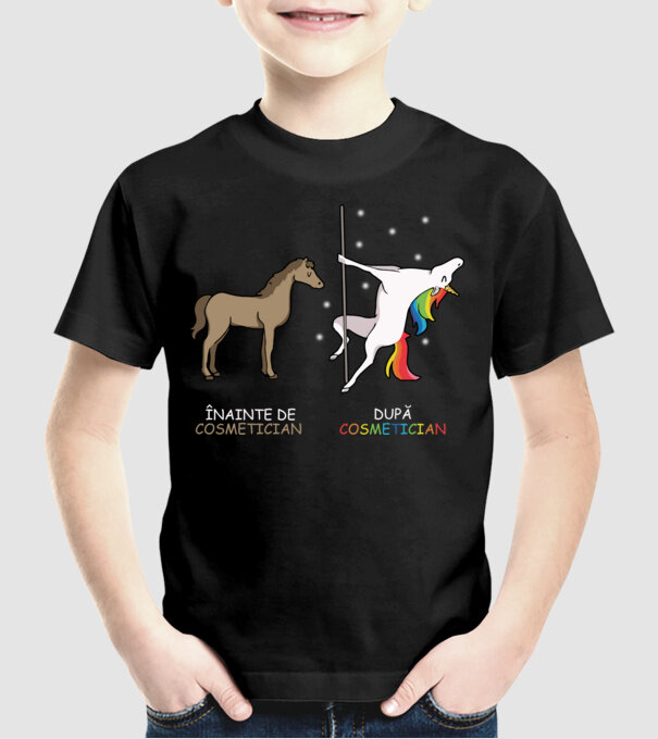 Înainte de cosmetician După cosmetician model negru pe tricou