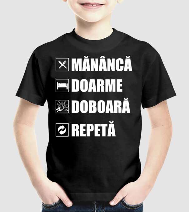 mănâncă doarme doarme doboară repetă model negru pe tricou
