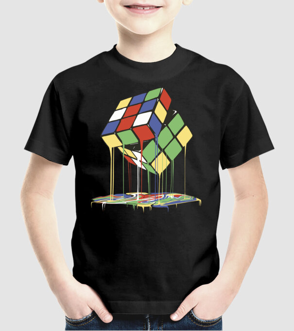 Melting Rubik cube model negru pe tricou