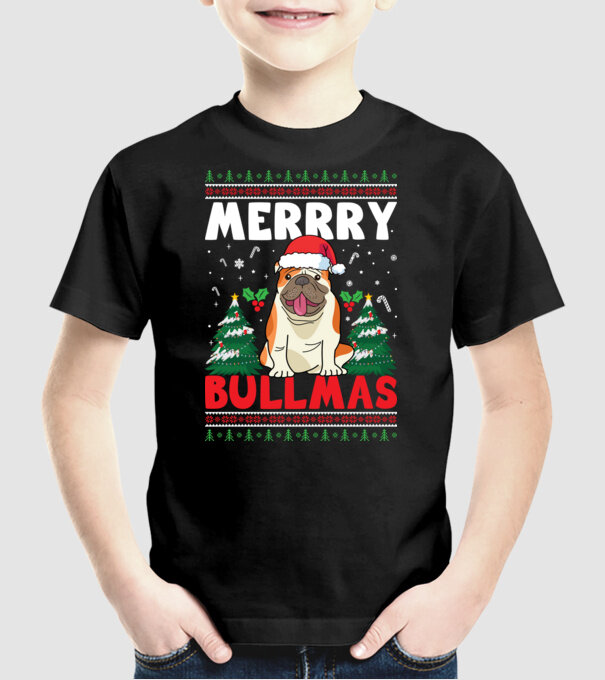 Merry bullmas ugly sweater model negru pe tricou