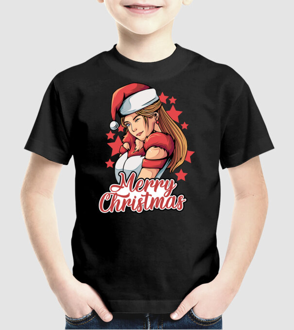 Merry christmas santa girl model negru pe tricou