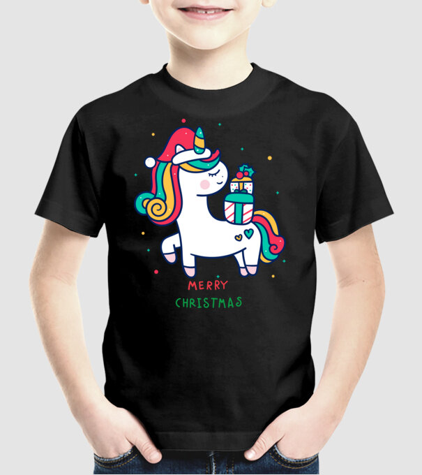 merry christmas unicorn model negru pe tricou