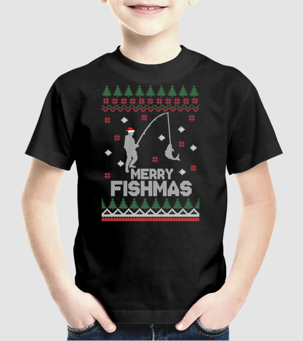 Merry Fishmas model negru pe tricou