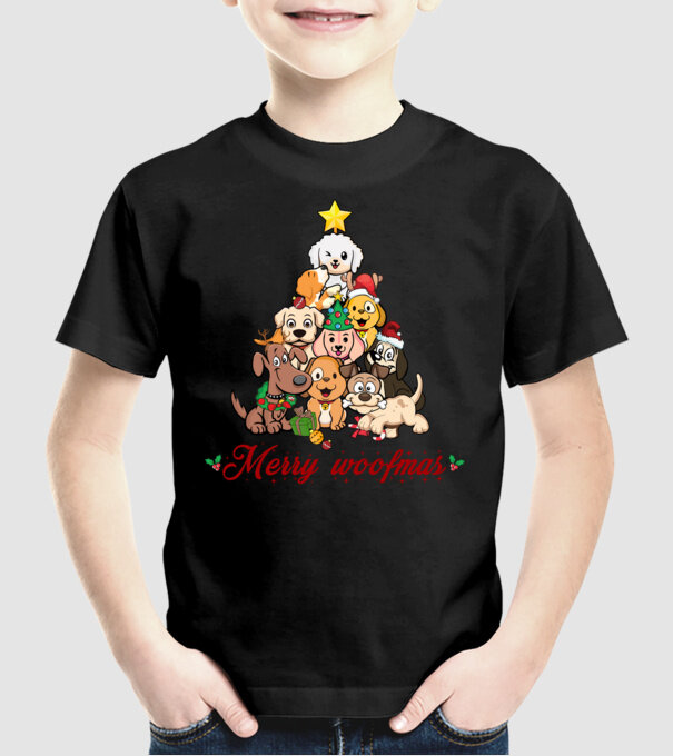 Merry woofmas model negru pe tricou