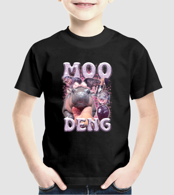 MOO DENG baby hippo model negru pe tricou