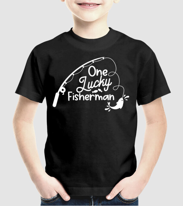 One lucky Fisherman model negru pe tricou