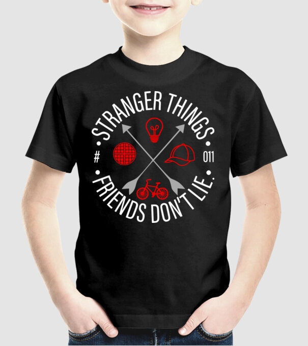 stranger things friends dont lie model negru pe tricou