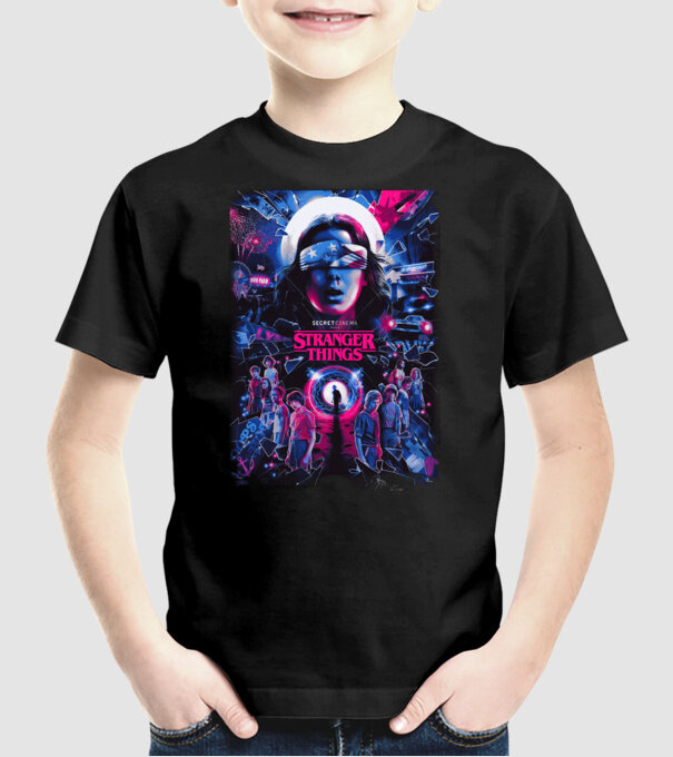 stranger things poster neon model negru pe tricou