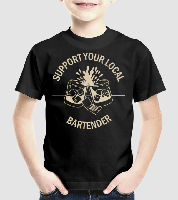 Support your local bartender model negru pe tricou