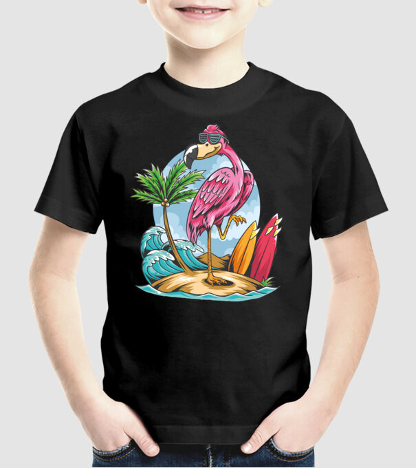 Surfer flamingo model negru pe tricou