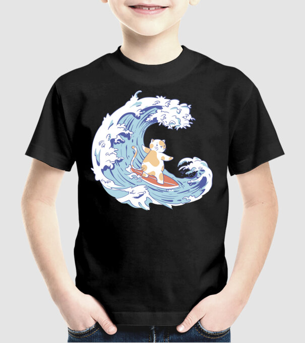 Surfer kitty model negru pe tricou