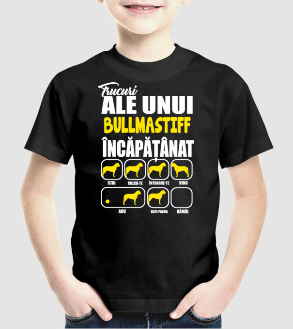 trucuri ale unui bullmastiff încăpățânat stai, culcă-te, întoarce-te, vino, adu, bate palma, rămâi model negru pe tricou