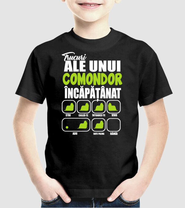 trucuri ale unui comondor încăpățânat stai, culcă-te, întoarce-te, vino, adu, bate palma, rămâi model negru pe tricou