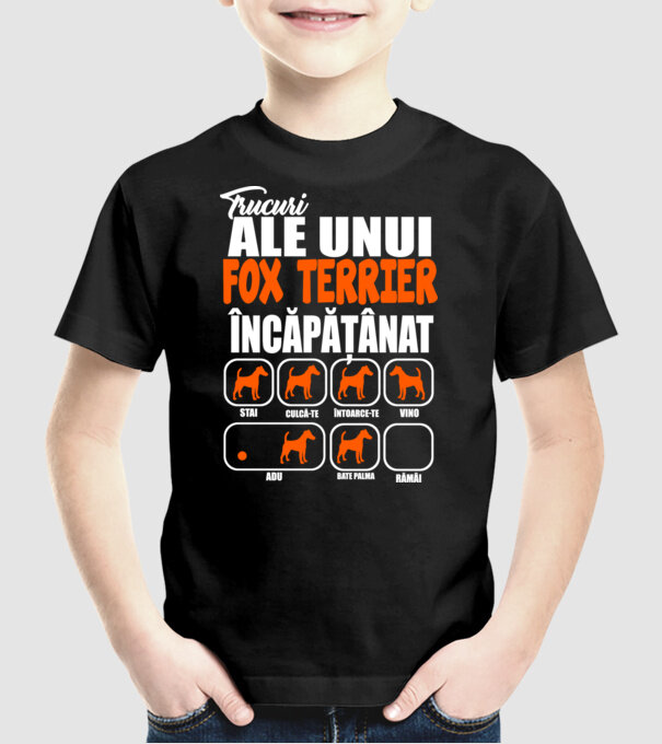trucuri ale unui fox terrier încăpățânat stai, culcă-te, întoarce-te, vino, adu, bate palma, rămâi model negru pe tricou