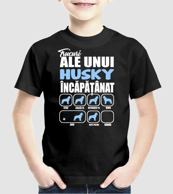trucuri ale unui husky încăpățânat stai, culcă-te, întoarce-te, vino, adu, bate palma, rămâi model negru pe tricou