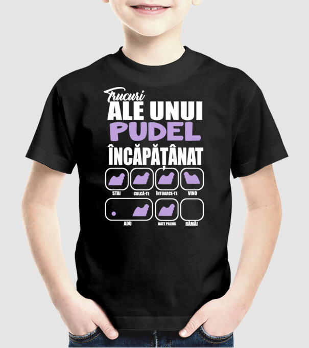 trucuri ale unui pudel încăpățânat stai, culcă-te, întoarce-te, vino, adu, bate palma, rămâi model negru pe tricou