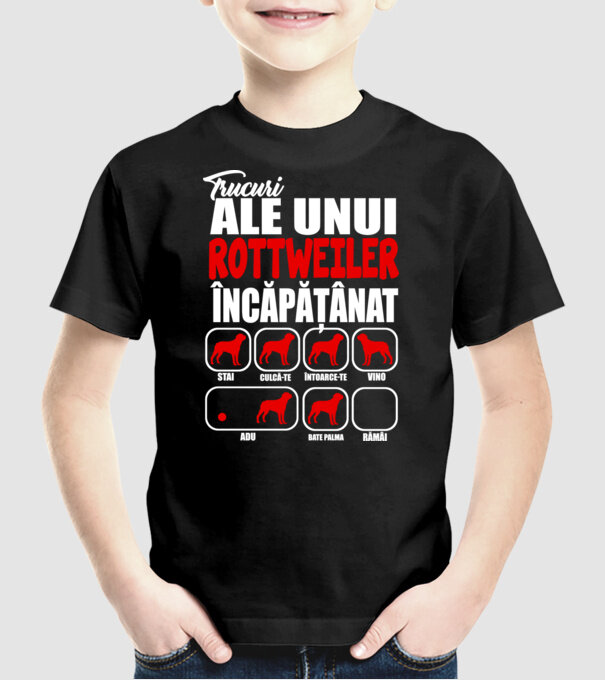 Trucuri ale unui rottweiler încăpățânat stai, culcă-te, întoarce-te, vino, adu, bate palma, rămâi model negru pe tricou