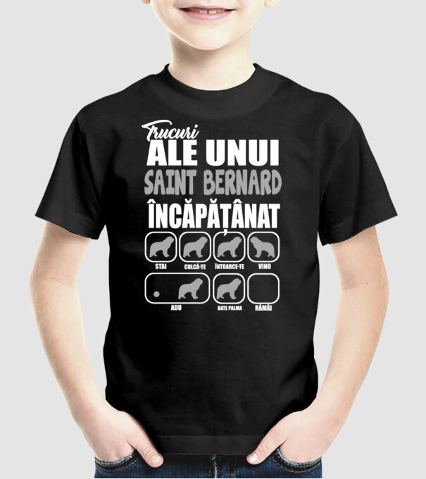 trucuri ale unui Saint Bernard încăpățânat stai, culcă-te, întoarce-te, vino, adu, bate palma, rămâi model negru pe tricou